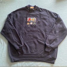 VTG TOP STITCH Embroidered Sweatshirt Birds Snow XL Navy Blue Grannycore Winter