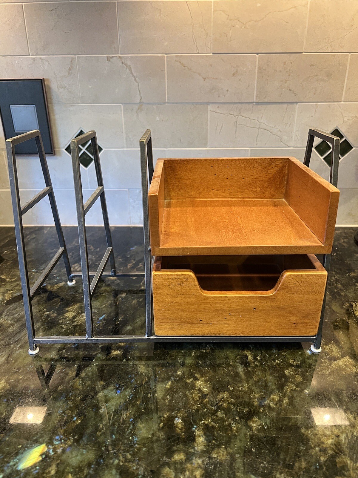 Vtg POTTERY BARN Desk File Organizer Wood & Metal-image