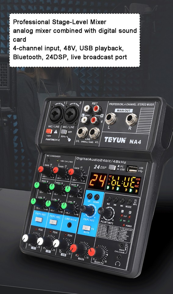 4/2 Channel Mini Audio Mixer Bluetooth USB DJ Console + Sound Card ...