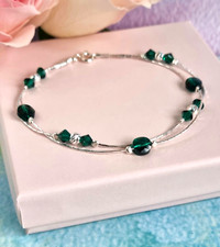 925 Sterling Silver green Emerald Genuine crystal Bracelet  chain Made in UK