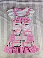 Hello Kitty Sanrio Girls White Short Sleeve Shirt Ruffle Hem Logo Dress Pink 4
