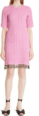 GANNI Womens Size 4 (36 EU) Smocked Satin Short Sleeve Beaded Pink Dress  $445 | eBay