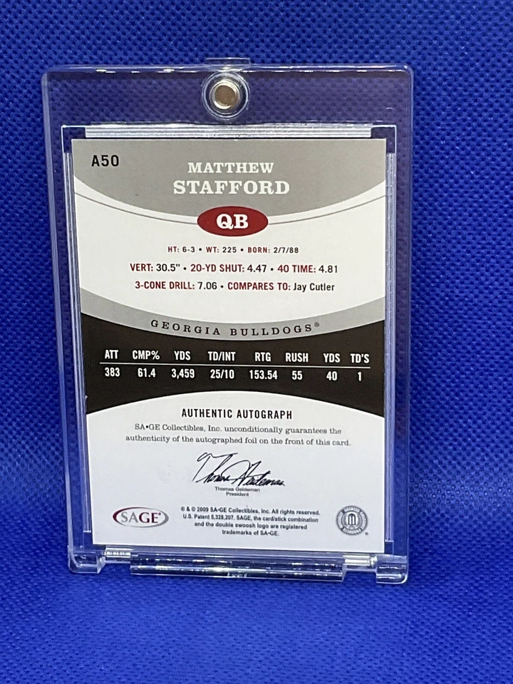 Matthew Stafford 2009 Sage Rookie RC Auto 6/200 SP Georgia Bulldogs Foto 2 de 2