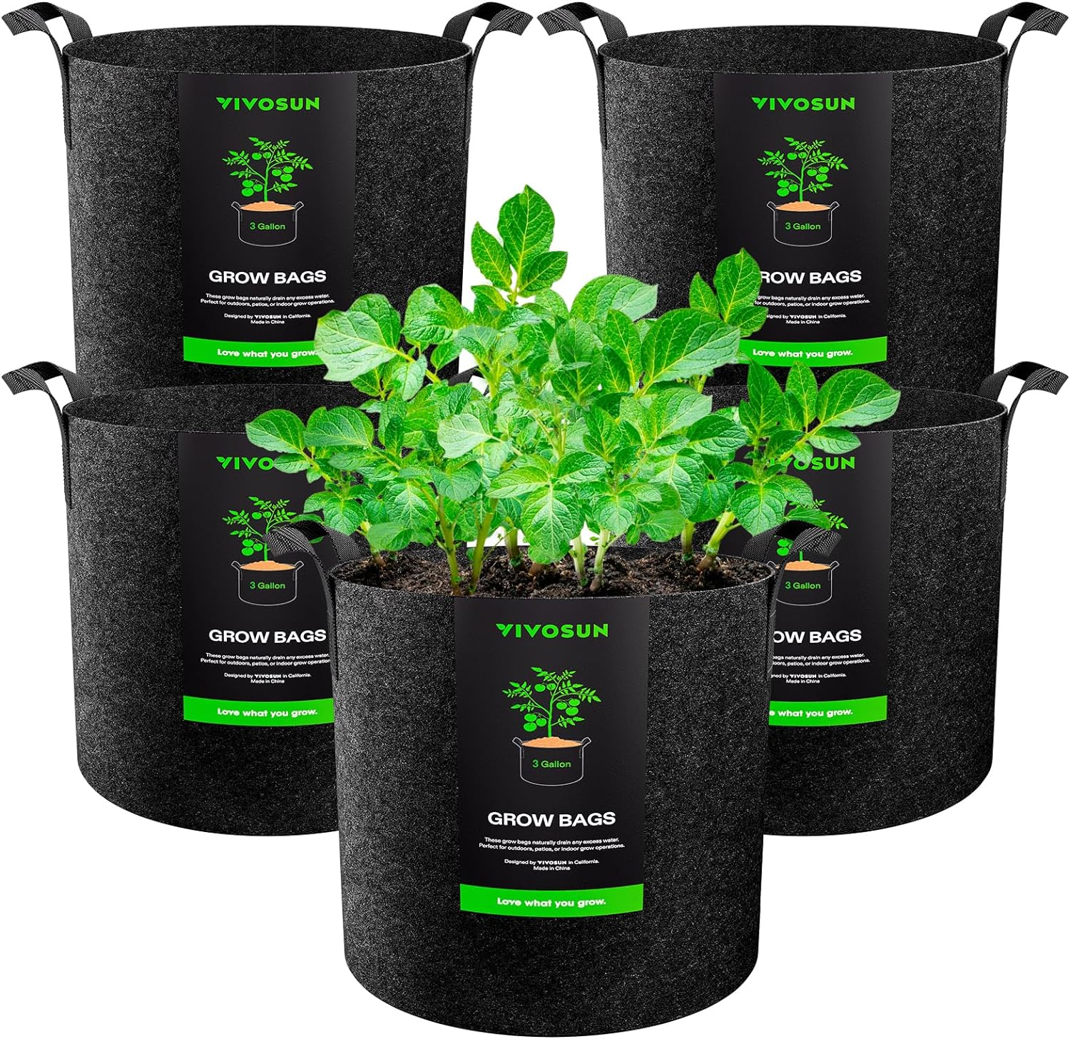 5-Pack 3 Gallon Plant Grow Bags Heavy Duty Thickened Nonwoven Fabric Pots with H