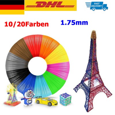 50/100/200M PLA Filament 1,75mm für Stift 3D-Pen Starterset Set 10/20 Farben DE