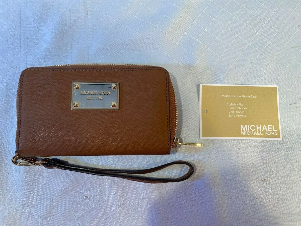 Michael Kors Multi Function Phone Case Wristlet Wallet Saffiano Brown Gold NWT Michael Kors Multi Function Phone Case Wristlet Wallet Saffiano Brown Gold NWT