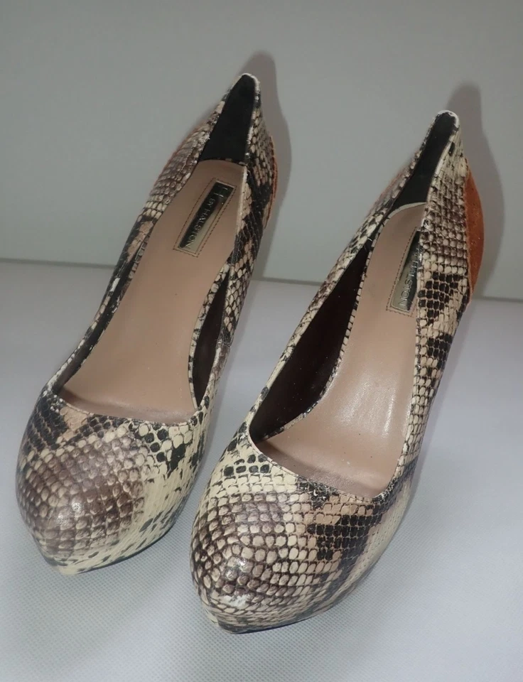 H от Halston 5 дюймов каблук на шпильке желтовато-коричневый серый змеиная кожа печать серебряный каблук 8,5 - Изображение 3 из 4