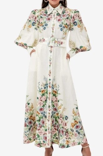 Puff Sleeve Linen Midi Dress Size 