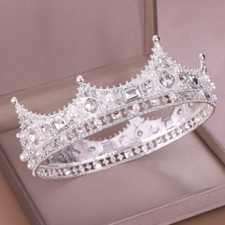 ROUND SILVER CROWN/TIARA WITH CLEAR CRYSTALS, PEARLS, BRIDAL WEDDING RACING
