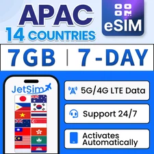 Asia-Pacific 14 Countries eSIM - 7GB High-Speed, 7 Day JetSim/Travel SIM