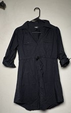 H&M Black Solid Shirt Dress 4 Collared Button Front 3/4 Sleeve Pockets