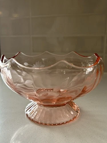 Vintage Pink Depression Glass Standard Norwood Pink Etched Floral Bowl