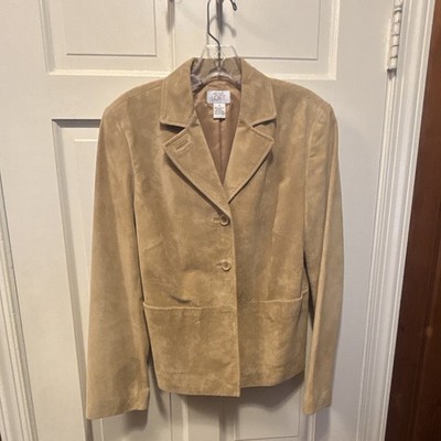 Ann Taylor LOFT Women's Beige Leather Button Front Collared Jacket Pockets 10