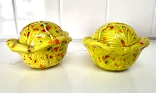  Vtg Cabbage Salt & Pepper Shakers Signed HOM Yellow/Green/Confetti Ceramic 