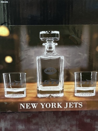 New York JETS Etched Decanter & Whiskey Glass Set 3 Piece Barware New Open Box - Picture 15 of 16