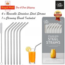 6x METAL Stainless STEEL Drinking Straws Eco Friendly SILVER Cleaning Party UK