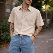 Vintage Sears Perma Prest Shirt Beige Short Sleeve Mens XL 16.5 Made Korea Retro