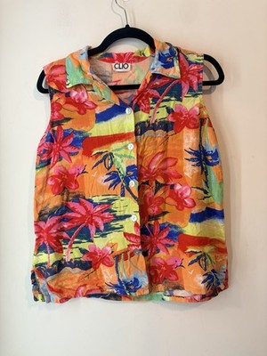 Vintage Clio Tropical Hawaiian Sleeveless Blouse Medium Rayon Floral Beachy