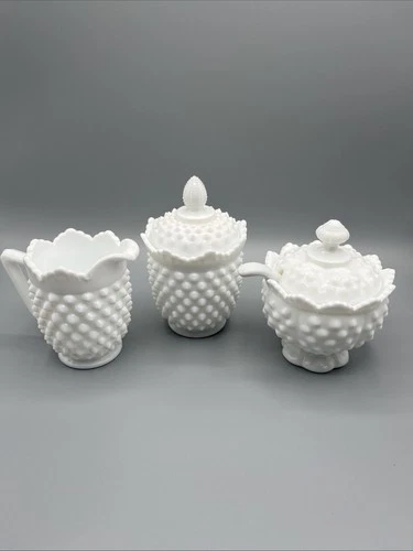 Vtg Fenton Hobnail Milk Glass 6 Pc Creamer Sugar Relish/Jelly Lidded Set w/Spoon
