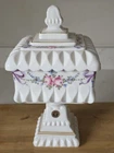 Vtg Mid-Century Milk Glass Wedding Cake Box Candy Compote Dish Footed Gold Trim