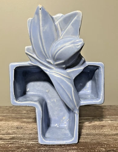 Vintage Nelson McCoy Pottery Lily Bud Cross Planter Blue