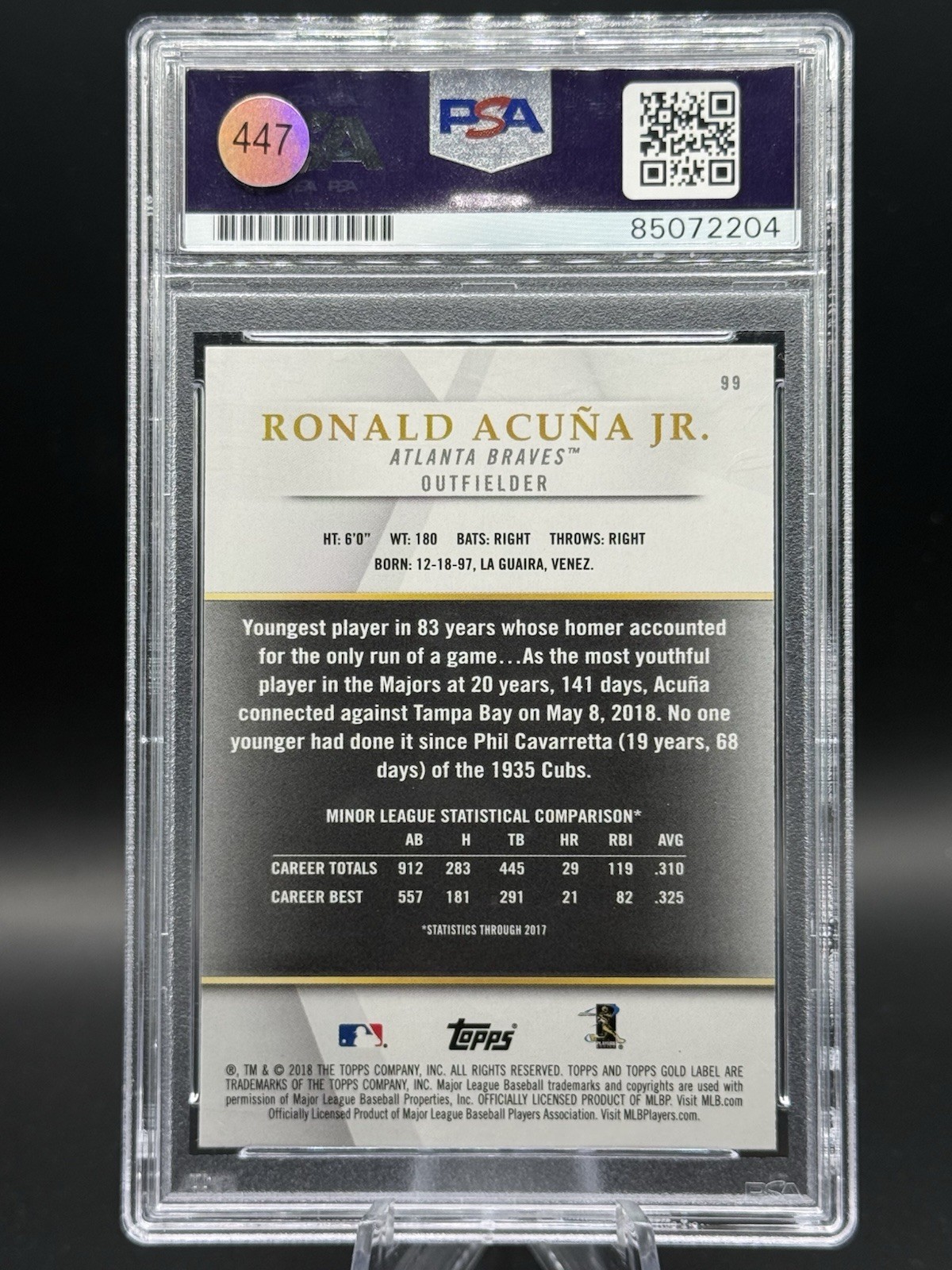 2018 Topps Gold Label Ronald Acuna Jr RC PSA Auto Gem Mint 10 view 2