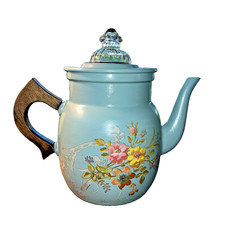 Vintage Hand Painted Metal Ware Floral Coffee/Tea Pot Wooden Handle