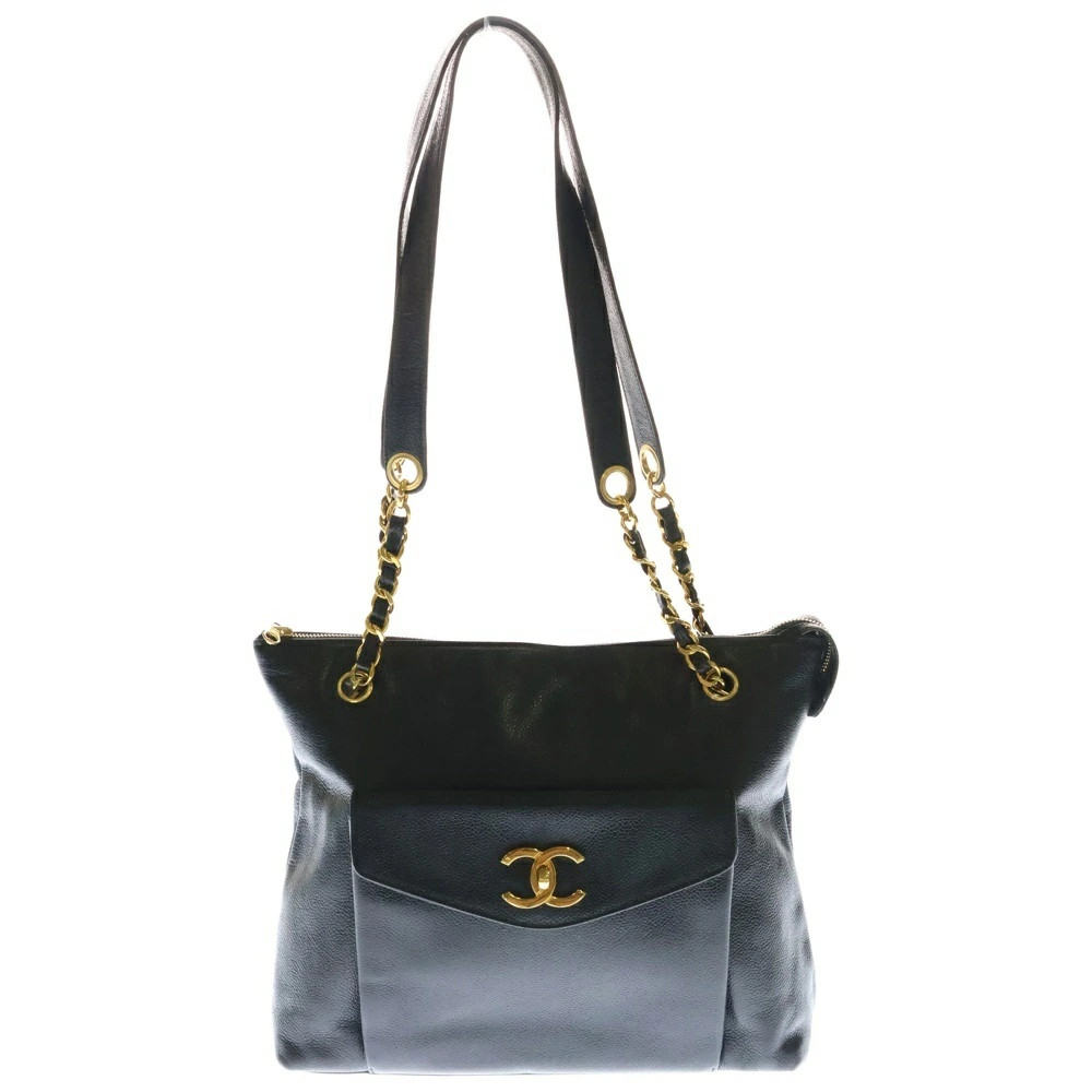 Chanel Chain Tote Bag Handbag Caviar Skin Black Gold Hardware Used Condition B