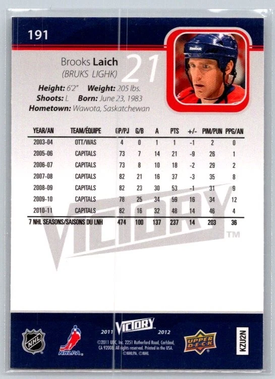 2011-12 Upper Deck Victory #191 Brooks Laich Washington Capitals - Image 2 of 2