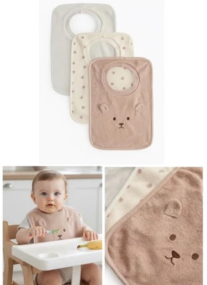TU 3 Pack Teddy Bear Bibs Baby Boy Girl Unisex Cute Soft Towelling Pop Over NEW