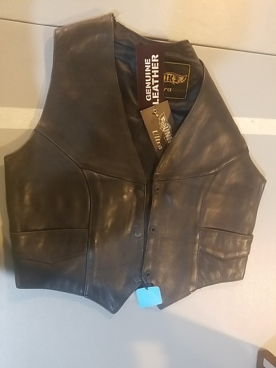 Women's UNIK Ultra Black Leather Motorcycle Vest Buffalo Nickel Snap Lined  Sz XL