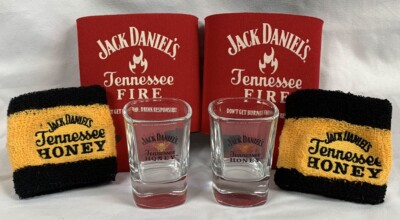 Jack Daniels Tennessee Honey Fire Set Shot Glass Koozies Wrist Bands