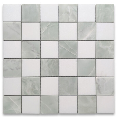T252XH Thassos White Green Jade Marble 2x2 Checkerboard Mosaic Tile Honed