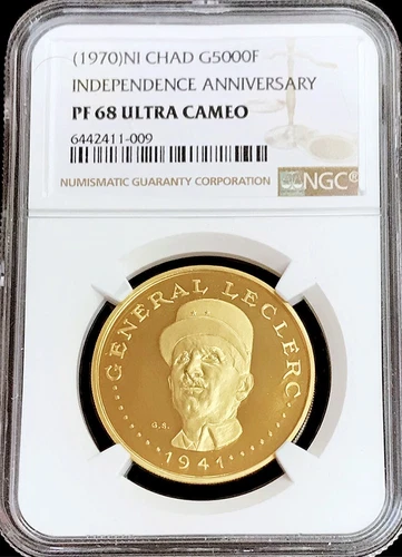 1960 (1970) GOLD CHAD 5,000 FRANCS GENERAL LECLERC NGC PROOF 68 ULTRA CAMEO