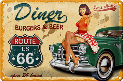 Blechschild Pinup 30x20 cm Retro diner burgers beer Metall Deko Schild tin sign