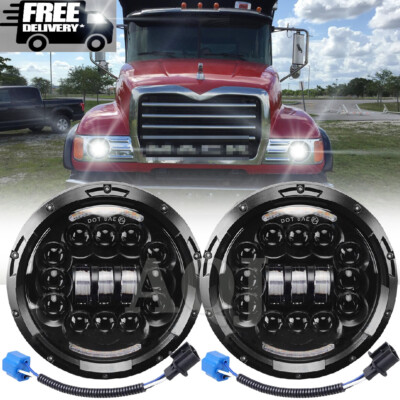 Pair 7'' inch Round Led Headlights Hi/Lo Beam for Mack Granite CV713 Dump Trucks