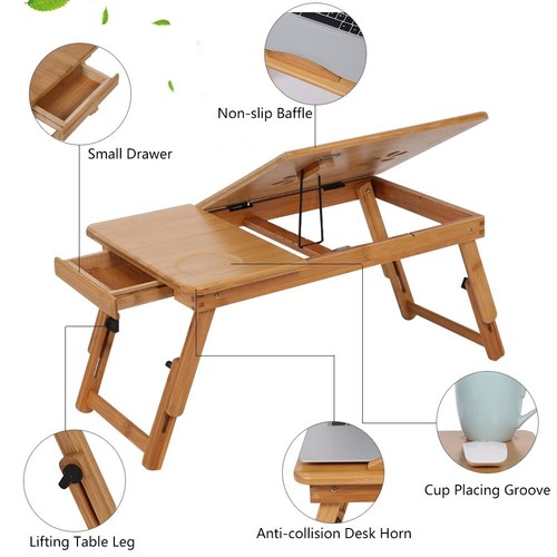 Wooden Bamboo Folding Laptop Tray Table Bed Lap Desk Adjustable Height Foldable - Picture 2 of 7