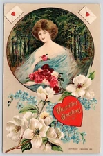 1911 Bauman Valentine Greeting Postcard  Lovely Lady Love Letters Flowers GERMAN