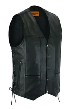 Mens Black 10 Pocket Leather Biker Vest Concealed Carry Pockets Side Laces
