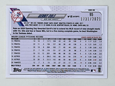 Gerrit Cole 2021 Topps Series 1 Gold /2021 #95 MLB Yankees