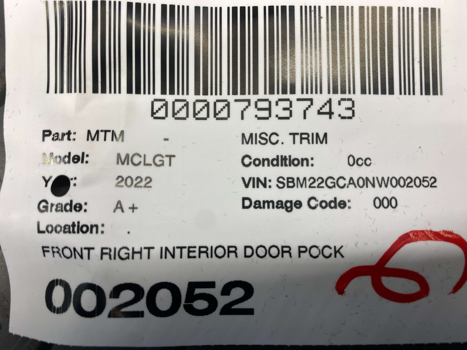 McLaren GT 2020-2023 Front Right Door pocket trim P/N 13N0600CP