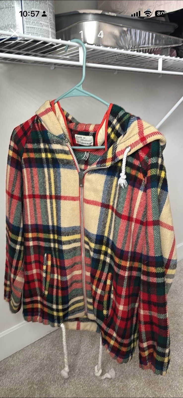 Plaid Multicolor Hooded Zip Drawstring Pockets Ja… - image 1