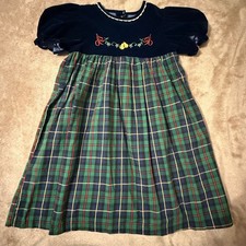 Vintage OshKosh Collection Girls Plaid Velvet Dress Navy Green Size 6 USA Made