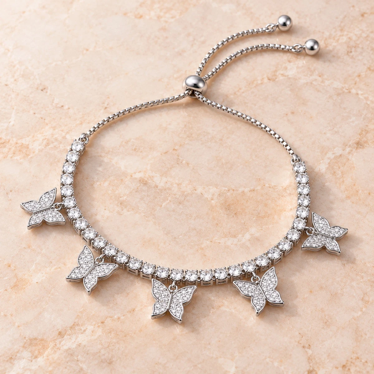 Butterfly Charm Tennis Bracelet Silver Tone Copper Clear Zircon Adjustable
