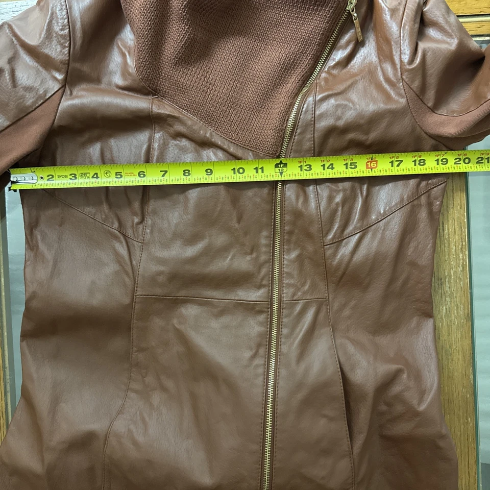 Abrigo de cuero genuino IMAN tejido chal cuello cinturón coñac marrón chaqueta mediana Foto 4 de 4