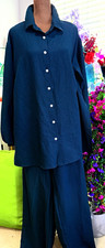 Women's Blue 2-Piece Solid Collared Button Blouse Wide-Leg Pants Set, L