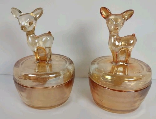 2 Vintage Fawn Deer Powder Trinket Jars 1940's Jeanette Marigold Lustre Glass