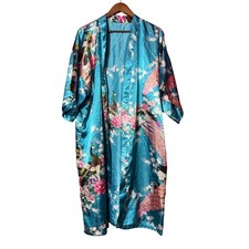 Unbranded Women NA Turquoise Peacock Floral Kimono Robe Resortwear Intimate
