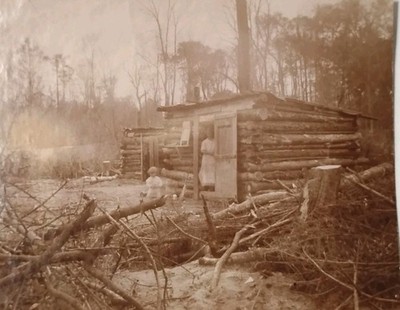 Antique Photo Poor Family Living In Log Cabin Hut Homestead In Wilderness 