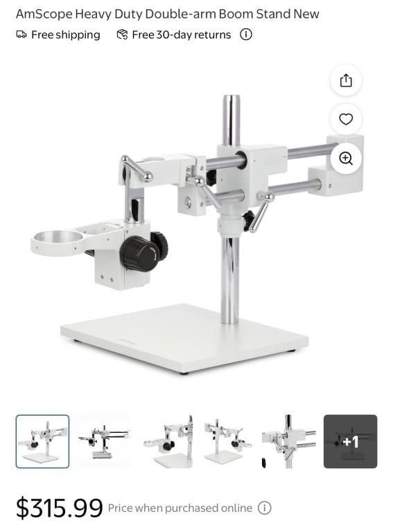 AmScope Heavy Duty Double-Arm Black Boom Stand w 76mm Focus Block & Tube Mount